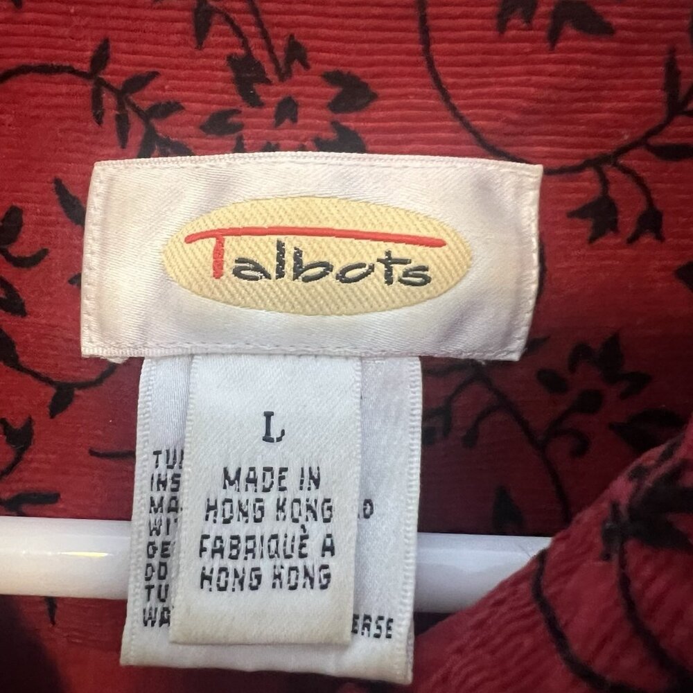 Talbots Shirt Corduroy Cotton Red Black Floral Buttons Size L Women Long Sleeves - Picture 3 of 8